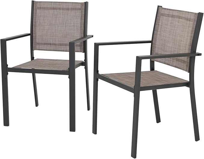 Patio Dining Chairs, All-Weather High-Resilience Textilene Outdoor Dining Chair Set of 2, Heavy-Duty Stackable Minimalist Outdoor Chairs with Armrest, Patio Chairs for Lawn Deck Pool, Brown