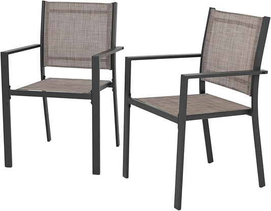 Patio Dining Chairs, All-Weather High-Resilience Textilene Outdoor Dining Chair Set of 2, Heavy-Duty Stackable Minimalist Outdoor Chairs with Armrest, Patio Chairs for Lawn Deck Pool, Brown