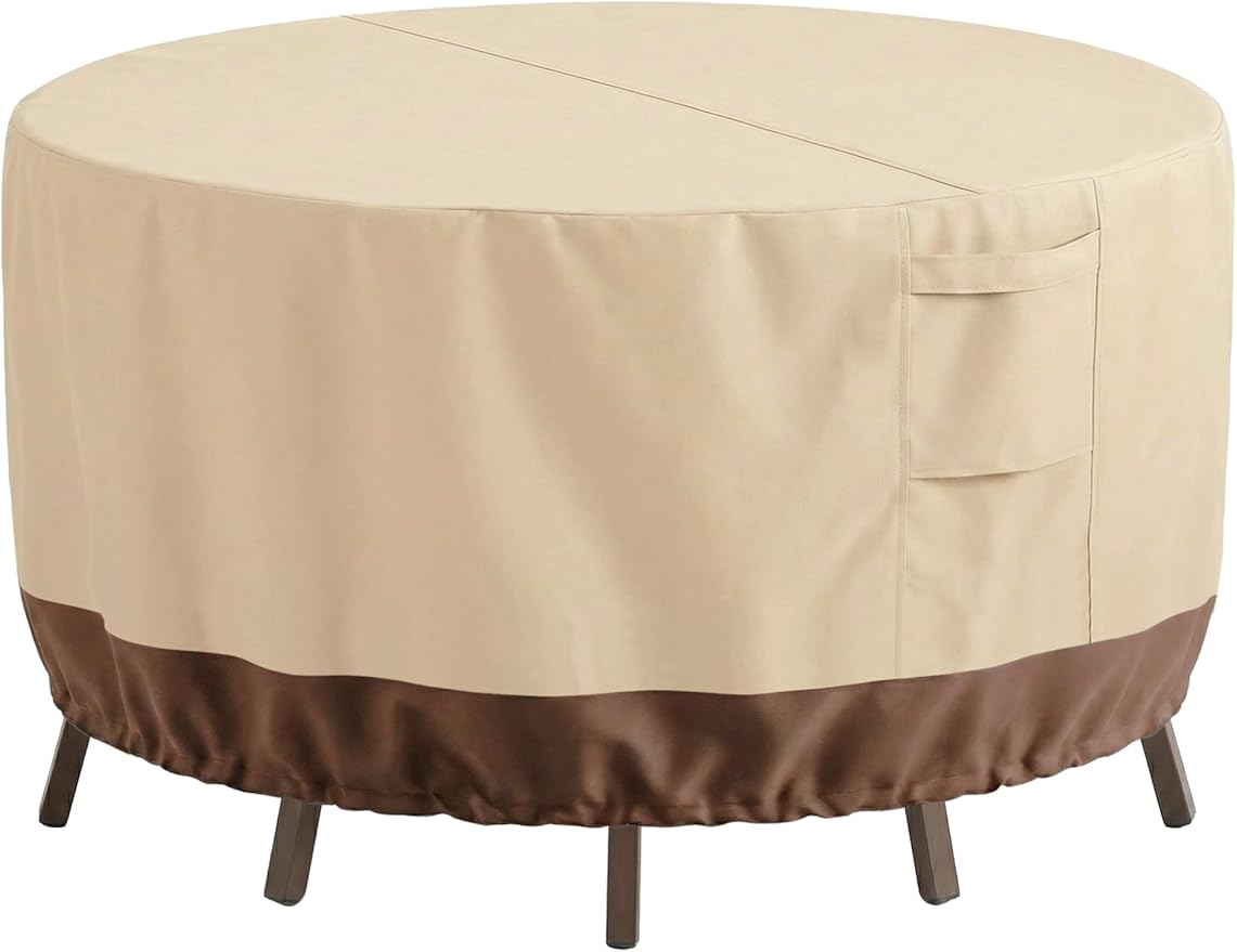 Vailge Patio Furniture Covers Round, Outdoor Furniture Covers Waterproof Windproof, 600D Oxford Outdoor Patio Table and Chair Cover (Beige&brown, 62"DIAx28"H)
