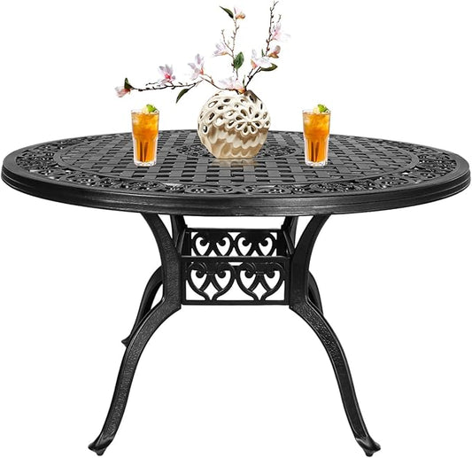 48" Cast Aluminum Outdoor Dining Table,Dining Conversation Side Table, Patio Bistro Table with 2.36" Umbrella Hole for Backyard, Garden, Patio, Porch