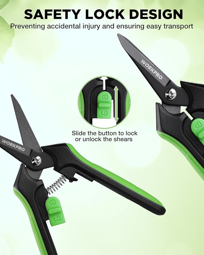 WORKPRO 6-Inch Pruning Shears 2-Pack, Sharp Gardening Scissors for Precise Cuts, High-Carbon Steel Plant Shears with Safety Lock, Garden Clippers for Cutting Flowers, Trimming Plants, Picking Fruits