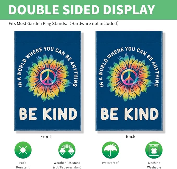 Perfectinsoy In A World Where You Can Be Anything Be Kind Retro Garden Flag, Daisy Front Yard Sign, Welcome Yard Home Holiday Farmhouse Porch Patio Lawn Outside Decor, World Peace Yard Flag