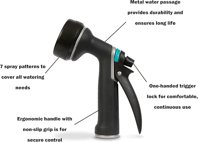 Gilmour Medium Duty Garden Hose Nozzle with 7 Adjustable Spray Patterns, Water Hose Nozzle for Watering Garden or Lawn, Black