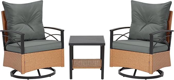 MELLCOM 3 Pieces Patio Furniture Set, Outdoor Swivel Patio Rocker Chairs with Thick Cushions and 2-Tier Coffee Table, Oversize Wicker Bistro Conversation Sets for Garden, Balcony, Backyard, Grey