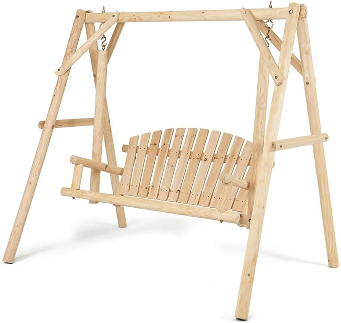 Tangkula A-Frame Wood Log Swing Bench, Outdoor Rustic Curved Back Swing Chair for Patio Garden Yard