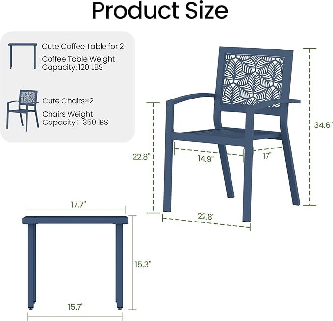 BUPPLEE 3 Piece Patio Bistro Set, Outdoor Steel Furniture Set, Stackable Modern Conversation Sets for Balcony Garden Deck Patio w/2 Chairs 1 Table, Peacock Blue