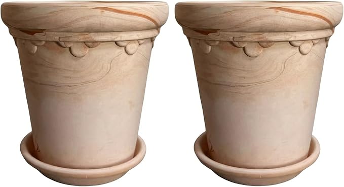 6.3" Terracotta Pot with 2 Matching Trays - Decorative Ceramic Planter with Embossed Detail, Drainage Hole for Indoor/Outdoor Succulents, Herbs & Cactus (Random Marble Tone)