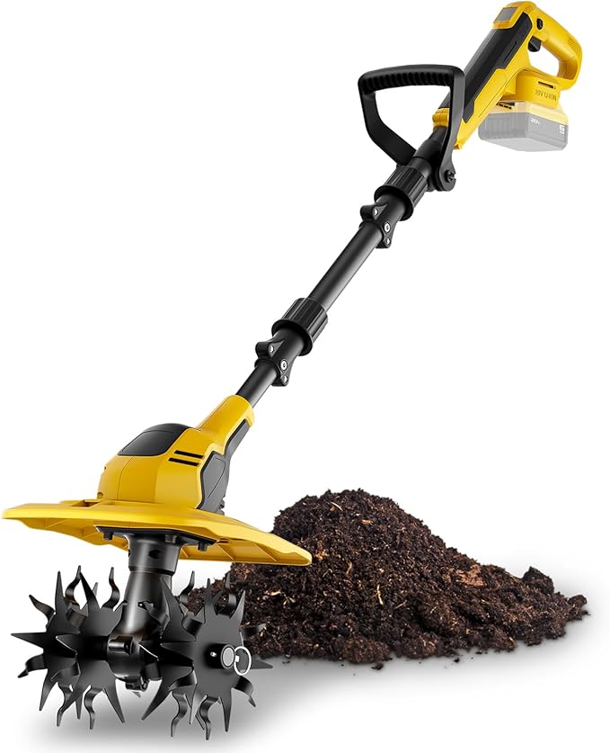 20V Cordless Garden Tiller Cultivator - Compatible with DeWalt 20V MAX Batteries, 9-in. Tilling Width & 7-in. Depth, 4 Steel Blades for Raised Beds and Flower Gardens, Battery Not Included