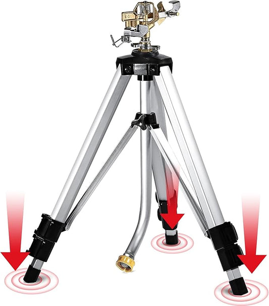 YAMATIC Tripod Impact Sprinkler for Yard Large Area, Heavy Duty Metal Lawn and Garden Sprinkler, 18"-36" Adjustable Height, 20°-360° Rotation Control, 3/4" Brass Quick Connect for Garden Hose, 1 Pack