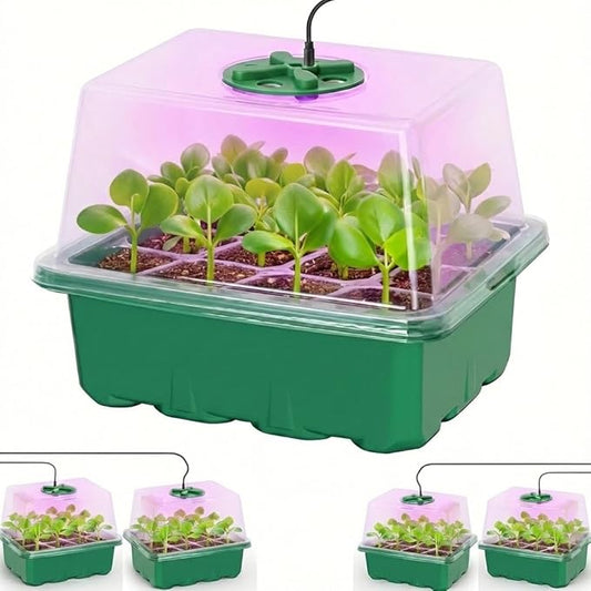 Seed Starter Kit with Grow Light, Elevated Seedling Tray Kit with Adjustable Humidity Dome and Clear Cell Tray, 12 Full Spectrum Led Beads for Seed Starting Greenhouse, 6 Pack, Green