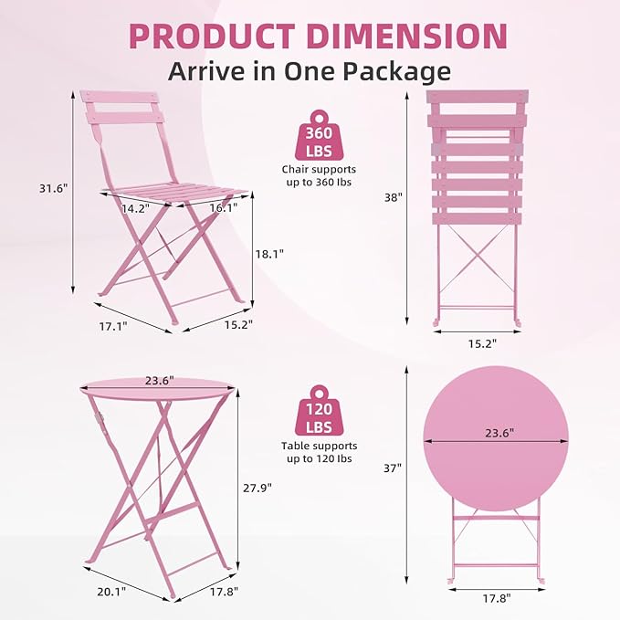 3-Piece Folding Bistro Set, 2 Chairs and 1 Coffee Table, Space Saving Weather-Resistant Frame, Portable Indoor/Outdoor Patio Furniture Conversation Set for Garden Porch Balcony Deck - Pink