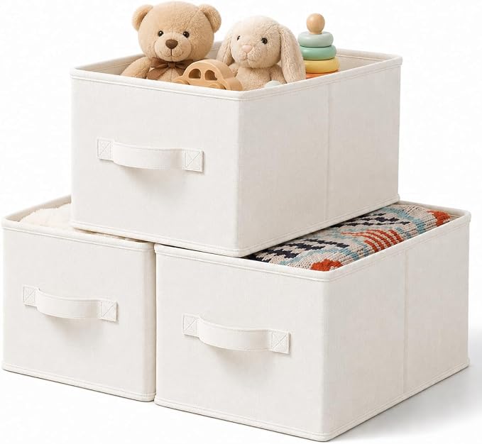 LayerSpace 3 Pack Fabric Storage Bins for Shelves | 11.5x8.75x6.5in Storage Baskets | Fabric Closet Organizers and Storage Bins with Handles Home Organization| Linen Clothes Bins | White & Ivory | Thickened Rigid PP Panels, Cotton-linen Shelf Baskets, ...