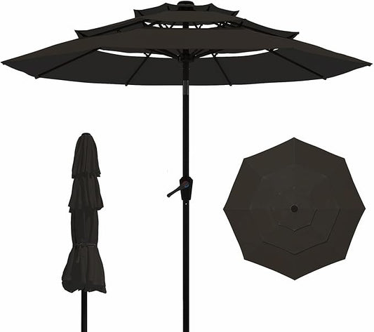 9FT 3 Tiers Patio Umbrella With Auto Tilt And Crank, Outdoor Table Market Umbrella with 8 Sturdy Ribs for Garden, Lawn, Deck, Backyard and Pool