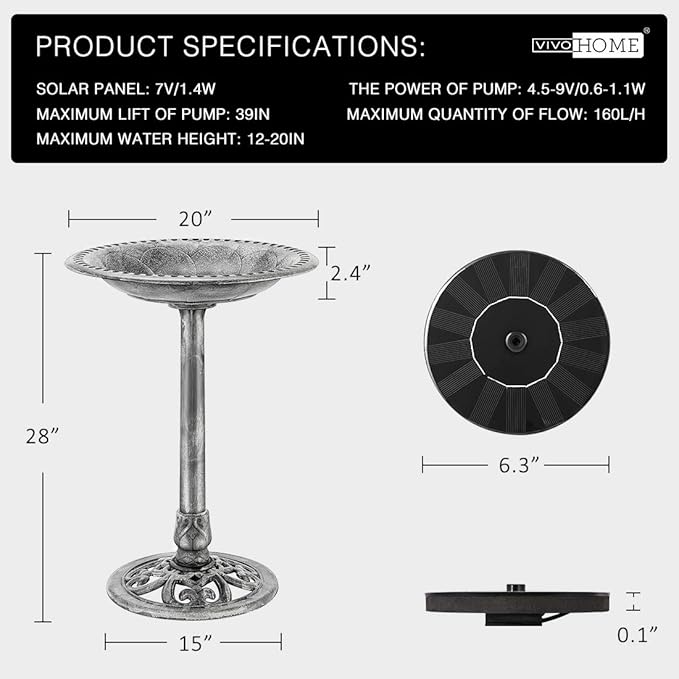 VIVOHOME Bird Bath with Solar Fountain for Outside, Polyresin Pedestal Bird Baths with Solar Powered Pump for Outdoor, Garden, Weather-Resistant Birdbaths with 20" Bowl, Gray