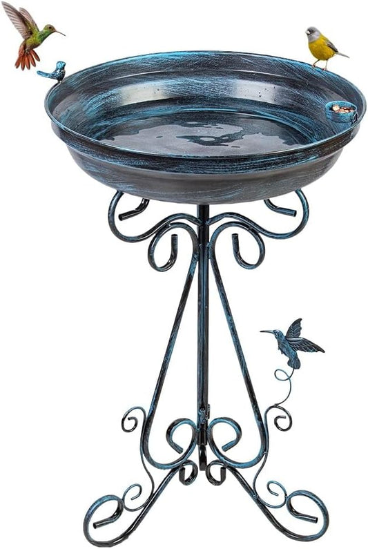VEWOGARDEN Large Metal Bird Bath for Outside Garden Standing Birdbath with Folding Bracket for Outdoors Yard Patio Decoration, Blue
