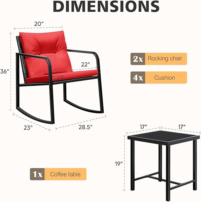 Flamaker Patio Chairs 3 Piece Wicker Rocking Chair Outdoor Bistro Sets with Coffee Table and Cushions Metal Frame Patio Furniture for Porch, Balcony, Lawn (Red)