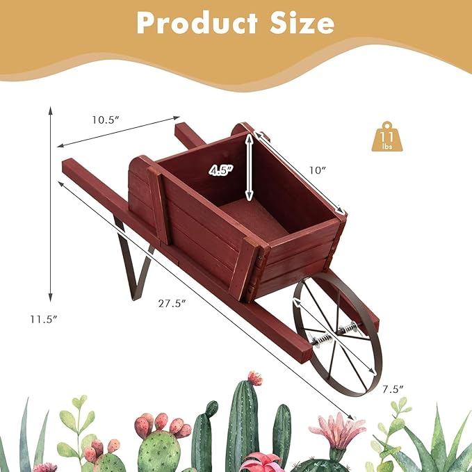 HAPPYGRILL Wooden Wagon Planter, Small Flower Planter Box w/Triangular Metal Support, 2 Energy-Saving Handles, Movable Wheel, Wood Wheelbarrow Cart Pot for Garden Backyard Holiday (Red)