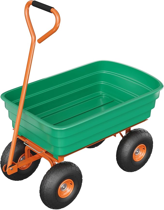 Garden Dump Cart, 1200 Lb Capacity Heavy Duty Utility Cart, Wheelbarrow with 180° Pivot Handle for Yard, Lawn & Gardening(Green+Orange)