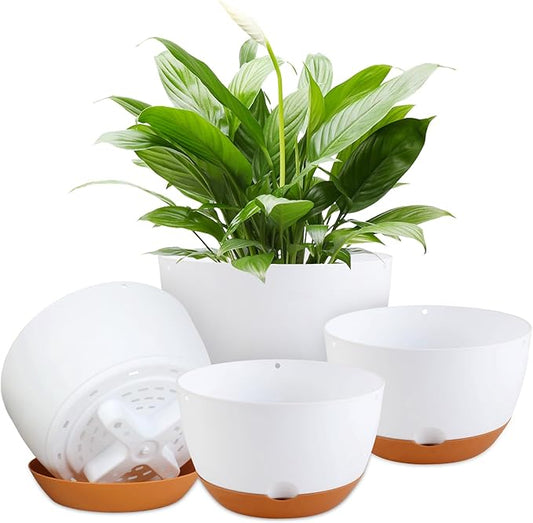 Nooulap 8/8/10/12 Inch Pots for Indoor Plants, 4 Pack Large Self Watering Planters with Drainage and Saucers, Plastic Outdoor Flower Pot(White)
