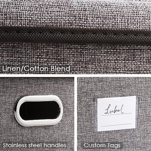 PRANDOM Storage Bins with Lids [3-Pack] Linen Fabric Foldable Storage Boxes Organizer Containers Baskets Cube with Cover for Home Bedroom Closet Office Nursery Grey（11.4X8.6X6.7