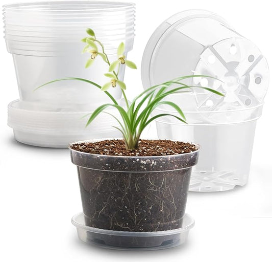 RooTrimmer 12 Pack 8 Inch Clear Plant Pots with Saucers, Transparent Plastic Nursery Pots with Drainage Hole, Sturdy Garden Planter Pots, Planting Starter Pots for Indoor Outdoor