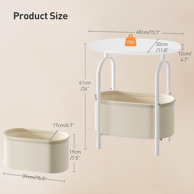 RALGEND Small Round Side Table with Fabric Basket Storage, Oval End Table for Small Spaces, Modern Coffee Bedside Table, Couch Side Table for Living Room, 15.7" X 11.8" X 24", White and Beige 8601BZWT