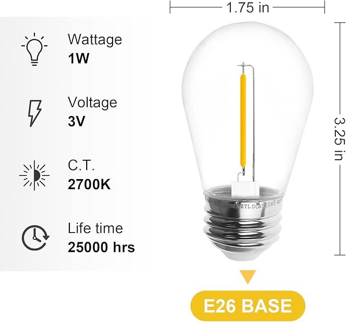Jslinter Energy-Efficient S14 LED String Light Bulbs Replacement - 3V Solar-Powered, Shatterproof, 2700K Warm White, Outdoor/Indoor, E26, 15-Pack