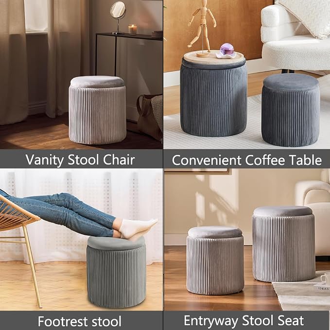 BLEXA Set of 2 Round Storage Ottoman,Light Grey Velvet Ottoman Storage | Upholstered Padded Vanity Stool, Multifunctional Coffee Table & Foot Rest for Bedroom, Living room with Hidden Storage Space