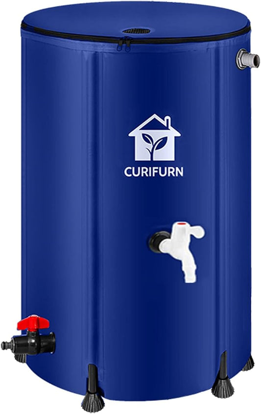 100 Gallon Rain Water Barrel, Portable Rainwater Collect System Water Storage Tank Collapsible Rain Barrel with Filter, Spigot & Overflow Kit (Reinforced Liner+Thickened Legs) - Blue