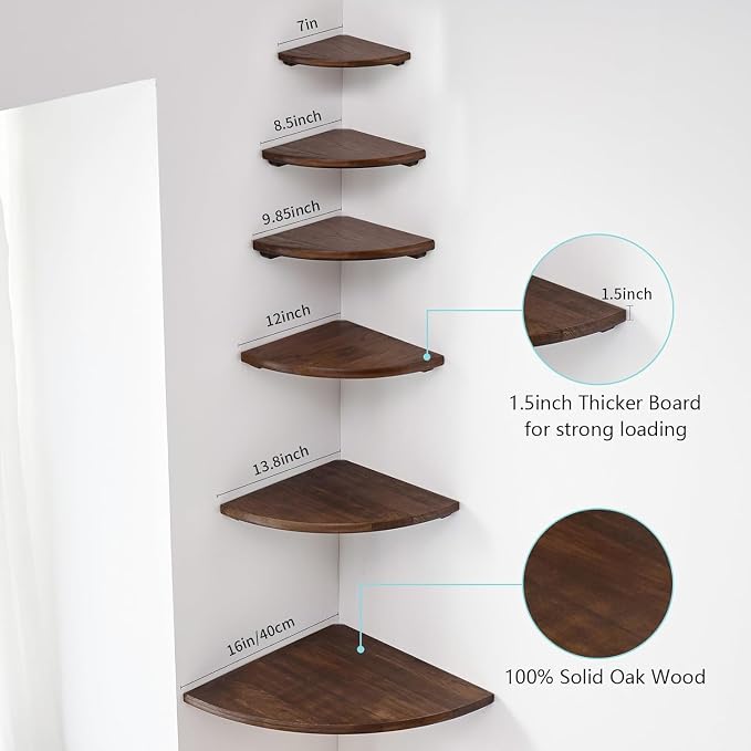 Corner Shelf, Solid Oak Wood Floating Corner Shelf Wall Mount Round End Floating Speaker with Wire Hole for Small Plant Photo for Bedroom Kitchen, Living Room