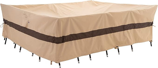 WJ-X3 Rectangular Beige & Coffee Patio Table Cover, 102W x 78D x 31H Inches - Heavy Duty, Waterproof, Wind-Resistant, Anti-Fade - Ideal for Outdoor Dining Set Protection