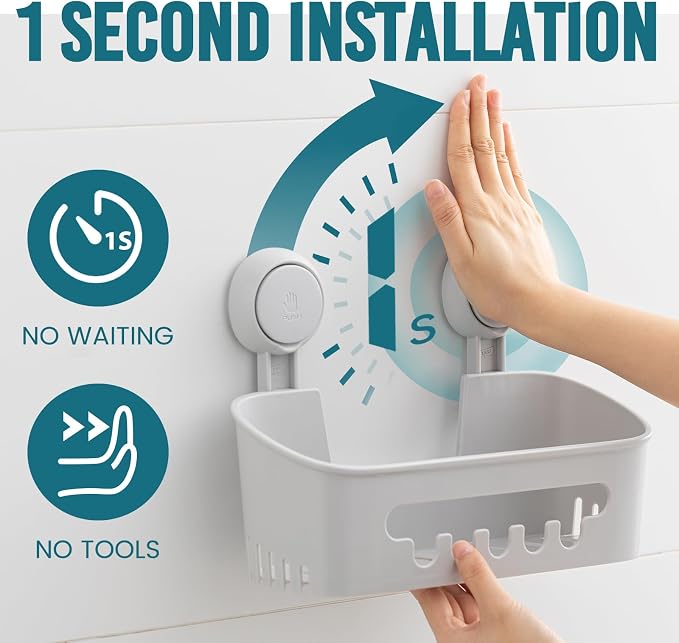 TAILI Shower Caddy Suction Cup, Bathroom Organizer Shelf Grey | Heavy Duty, Removable Inside Shower, Shampoo, Waterproof Plastic Storage, Rustproof Accessories