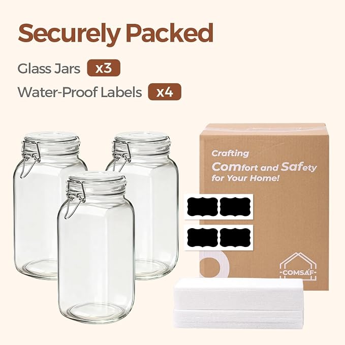 ComSaf 9-Pack 78oz Large Square Airtight Glass Jars for Bulk Food, Holds a 4lb Bag of Sugar or 5lb of Rice, Wide Mouth Canister for Flour, Coffee & Pantry Organization