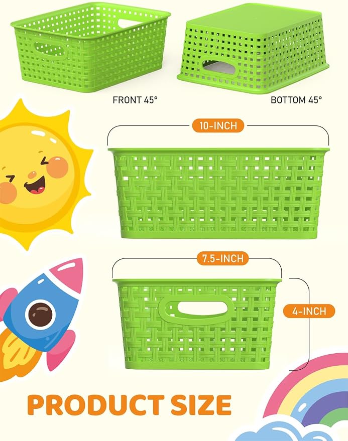 WYT 6-Pack Plastic Small Shelf Storage Weave Baskets Organizing for Cabinets and Pantries, Green