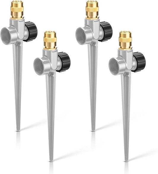 Tioncy 4 Pack Metal Lawn Sprinkler Automatic Garden Water Sprinkler on Spike Base 360 Degree Rotation with Adjustable Brass Nozzle for Lawn Garden Yard (Grey)