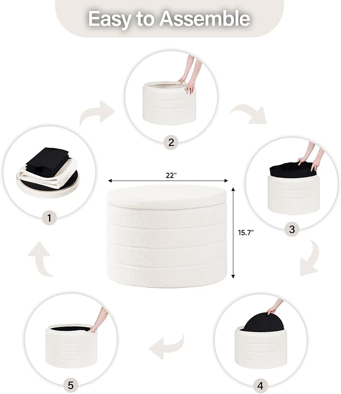 B FSOBEIIALEO Folding Storage Ottoman, Round Sherpa Ottomans, Cream White