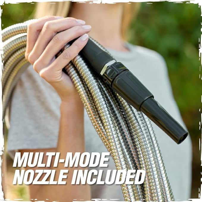 RUGGED RHINO Metal Garden Hose with Spray Nozzle, 100FT, 304 Stainless Steel, 750 PSI Burst Strength, Heavy Duty Flexible Water Hose, Kink Resistant, Leakproof for Yard, Lawn and Outdoor Use, Black