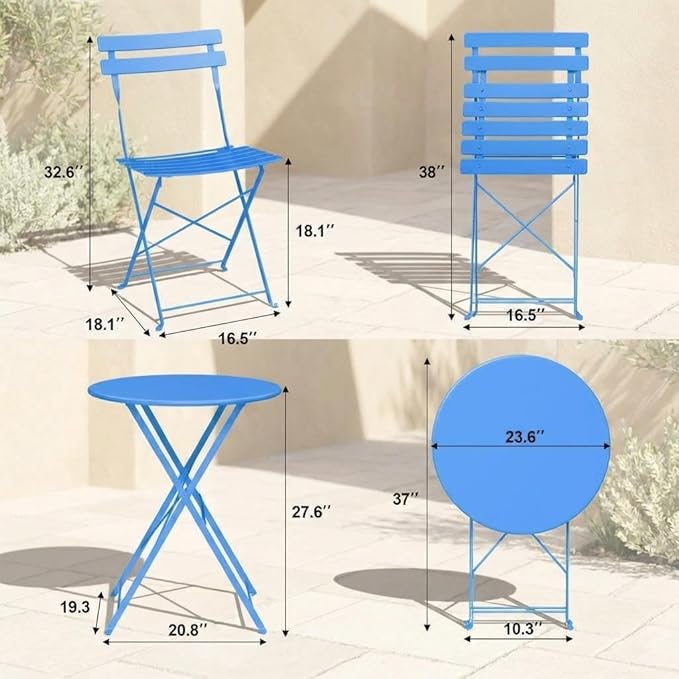 Garvee 3-Piece Folding Bistro Set Outdoor Patio Furniture, Space-Saving Foldable Chairs & Table with Heavy-Duty Powder-Coated Steel Frame, No Assembly Required, for Garden, Balcony, Backyard, Blue