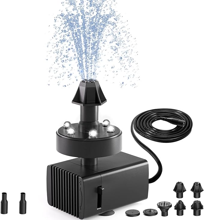 SZMP Bird Bath Fountains, Upgraded 24-Hours Working Bird Bath Fountain Pump with Light & 7 Nozzle, 16.4Ft Power Cord & Adapter, Adjustable Water Pump for Garden, Pond, Fish Tank, Outdoor (White)