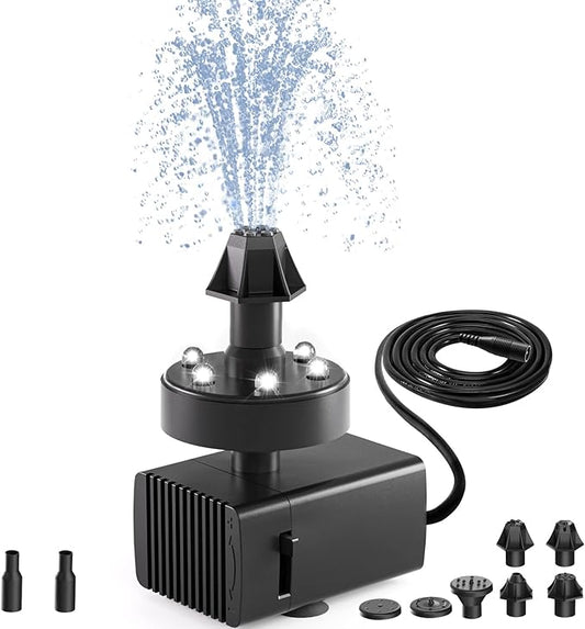 SZMP Bird Bath Fountains, Upgraded 24-Hours Working Bird Bath Fountain Pump with Light & 7 Nozzle, 16.4Ft Power Cord & Adapter, Adjustable Water Pump for Garden, Pond, Fish Tank, Outdoor (White)