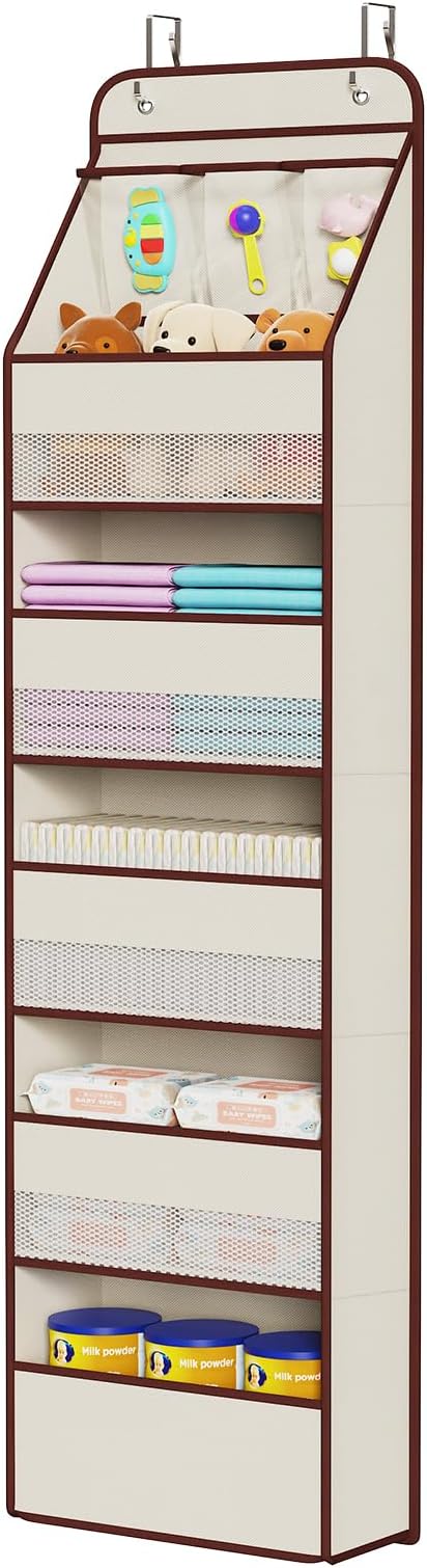 Univivi Fabric Over Door Hanging Organizer for Baby Nursery, Beige, 6-Shelf