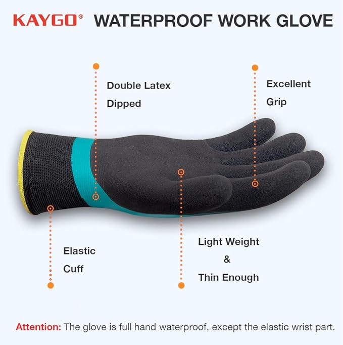 KAYGO Waterproof Work Gloves for Men and Women,3 pairs Rubber Coated Non-slip Working Gloves for Garden, Outdoor Construction (Blue, M)
