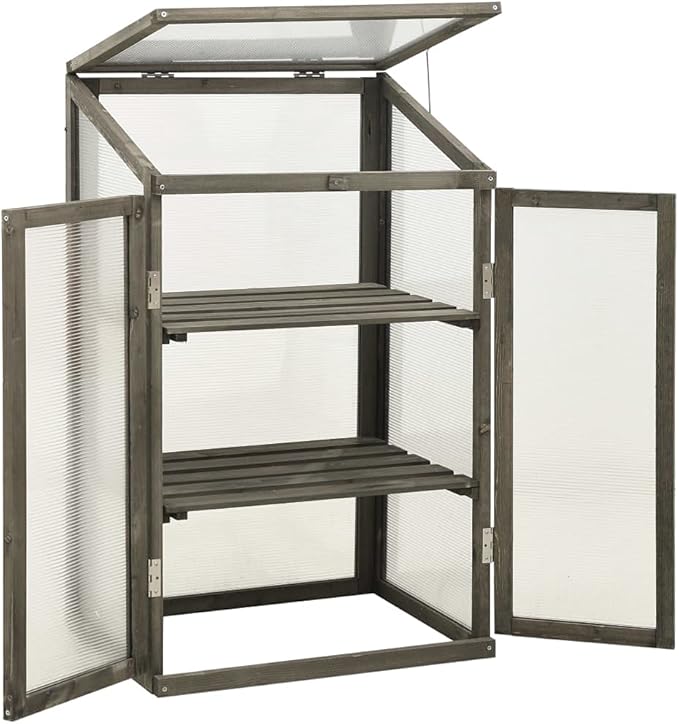Wooden Cold Frame Greenhouse with Polycarbonate Panels, Portable Raised Garden Bed for Outdoor Plants, Herbs and Flowers, Grey, 23.6x23.6x39.4 Inches
