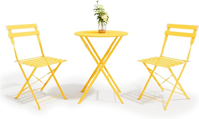 3-Piece Folding Bistro Set, 2 Chairs and 1 Coffee Table, Space Saving Weather-Resistant Frame, Portable Indoor/Outdoor Patio Furniture Conversation Set for Garden Porch Balcony Deck - Yellow