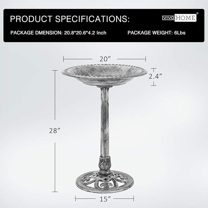 VIVOHOME Bird Bath for Outside, Polyresin Pedestal Bird Baths for Outdoor, Garden, 28 Inch Height Weather-Resistant Birdbaths with 20" Bowl, Gray