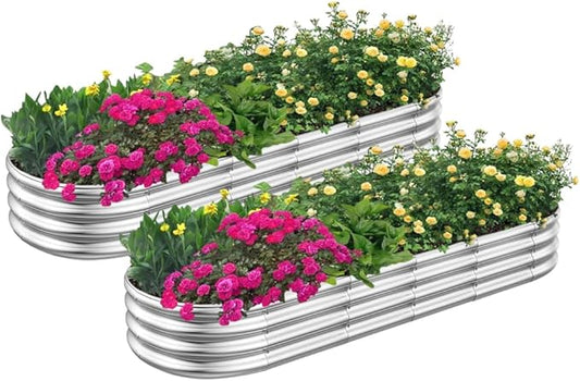 RAYKEEP 2pcs 7x2x1FT Raised Garden Beds Outdoor Kit, Galvanized Oval Planter Box, Metal Bottomless Elevated Garden Boxes Set for Planting Vegetables, Fruits, Flowers