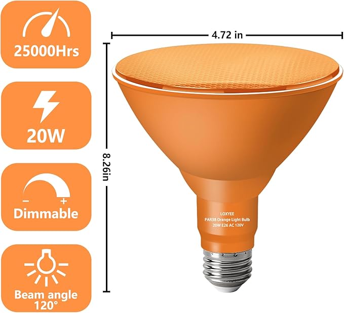 PAR38 Flood Orange Light Bulbs,4 Pack Dimmable,E26 Base Orange Flood Light Outoor(20W Replace to 200W),Halloween Light Bulb for Outside,Christmas,Holiday Lighting
