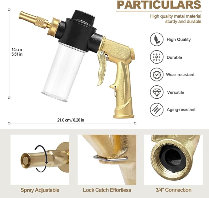 High Pressure Garden Hose Nozzle with Soap Dispenser, Heavy Duty Foam Gun Car Wash Sprayer, Adjustable Nozzle for Gardening, Solar Panel Cleaning, Pet Showering (Gold)