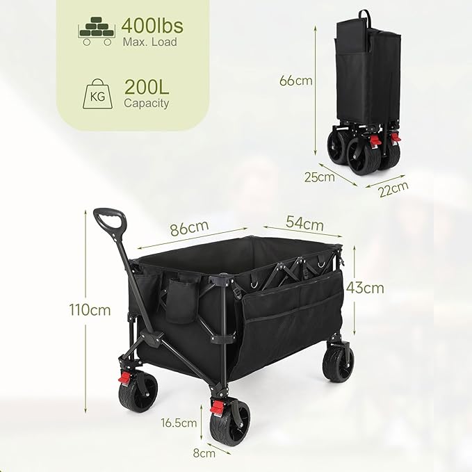 HAUSPROFI Collapsible Wagon Cart, 400 lbs Capacity, 7 cu ft (200L) Large Storage, Heavy Duty Foldable Utility Wagon with Pockets, Beach Wagon with Big Wheels for Sand, Garden, Camping & Grocery
