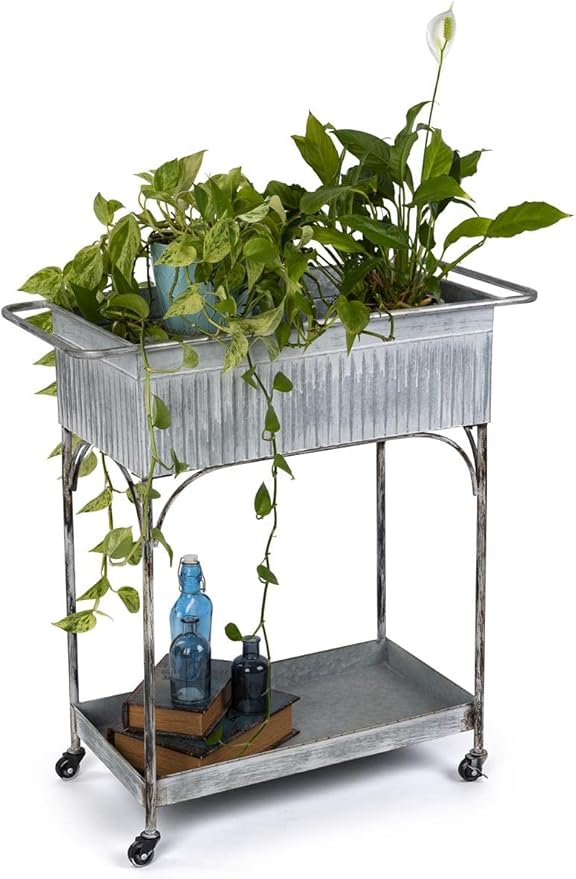 Displays2go Rustic Garden Planter Cart, Galvanized Steel, Top & Bottom Trays, Wheels - Silver (SMRGGMDC)
